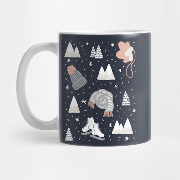 Wrap Up Warm Knitwear Ice-Skates Mountain Trees Cute Winter Pattern Digital Illustration by AlmightyClaire